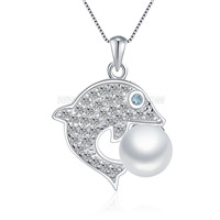 925 sterling silver CZ dolphin pearl women pendant necklace