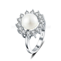 Solid S925 sterling silver CZ pearl ring for women