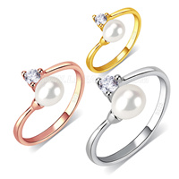 S925 sterling silver adjustable CZ oval pearl ring for women