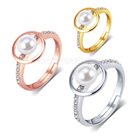S925 sterling silver adjustable CZ round pearl ring for women