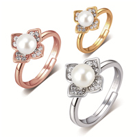 S925 sterling silver CZ flower adjustable pearl ring for women
