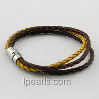 coffee and yellow three strands leather cord bracelet