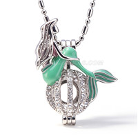 Silver plated pearl green mermaid cage pendant 5pcs