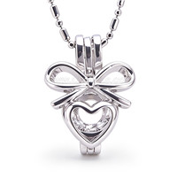 Silver plated pearl bowknot love heart cage pendant 5pcs
