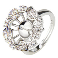 Silver plated big flower adjustable pearl ring fitting with zirc