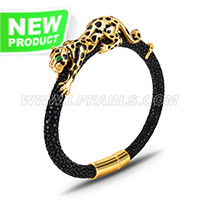 Golden 925 sterling silver leopard real leather bracelet