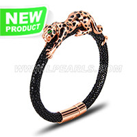 Rose golden 925 sterling silver leopard real leather bracelet