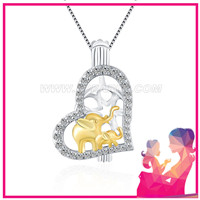 S925 sterling silver CZ mom and kid elephant pearl cage pendant