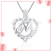S925 sterling silver heart Initial M pearl cage pendant
