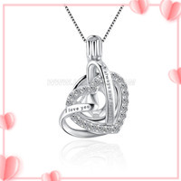 925 sterling silver CZ double hearts pearl cage pendant