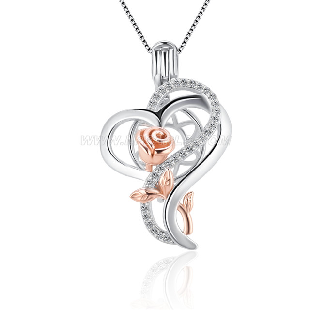 925 sterling silver CZ valentine love heart rose pearl cage pendant LP ...