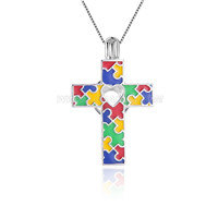 925 sterling silver autism awareness puzzle cross cage pendant