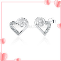 925 sterling silver CZ pearl heart women stud earrings fittings