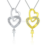 S925 sterling silver CZ double hearts pearl pendant setting