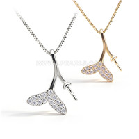 925 sterling silver CZ pearl mermaid tail necklace Pendant setti