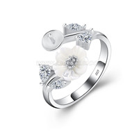 925 sterling silver CZ shell flower adjustable pearl ring fittin