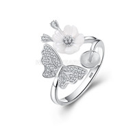 925 sterling silver CZ flower butterfly adjustable pearl ring fi