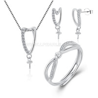 Classic women 925 sterling silver CZ pearl necklace jewelry set