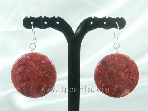 red wafer shape coral dangling earrings with sterling silver hoo