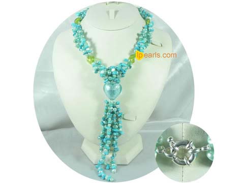 blue color heart shape glaze with freshwater pearl necklace