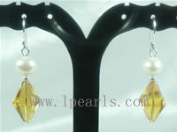 faceted yellow crystal with white freshwater pearl earrings