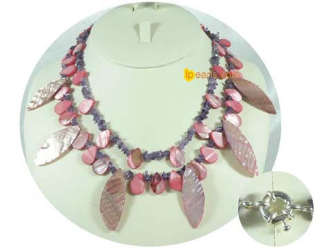 Two rows amethyst jewelry necklace with shell beads & shell leav