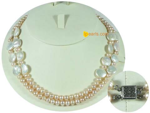 pink potato pearls with white coin pearls necklace