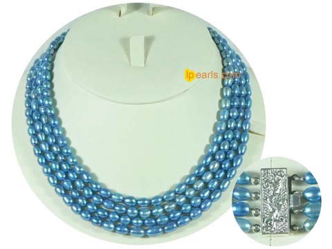 four rows 5-6mm blue color rice shape freshwater pearl necklace