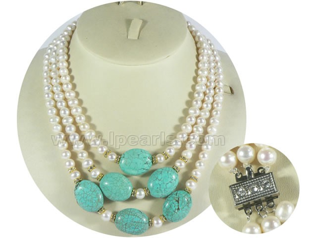 6-7mm white freshwater jewelry pearl necklace with turquoise bea