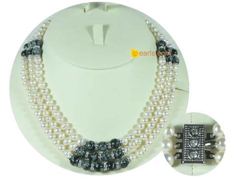 Precious three rows white fresh water jewelry pearl necklace wit