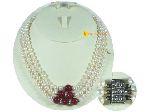 Three strands 6-7mm white freshwater jewelry pearl necklace