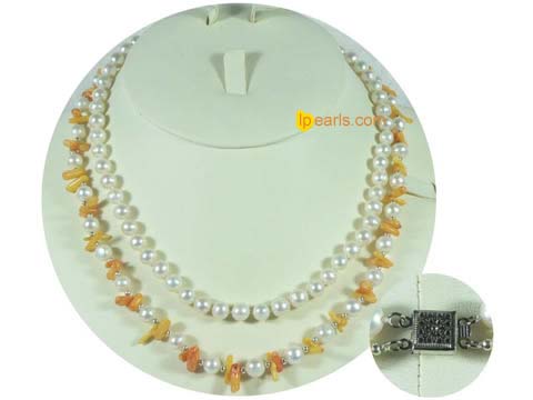 two strands potato freshwater pearl necklace with coral beads