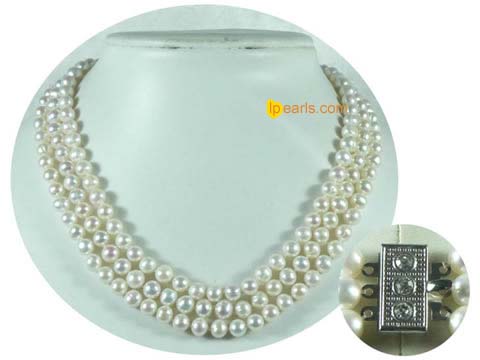 triple strands freshwater jewelry pearl necklaces 7-8mm