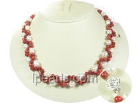 8-9 white rice shaped pearl with red coral beads necklace