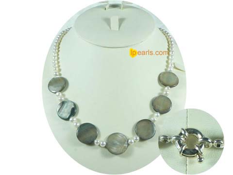 6-7mm fresh water jewelry pearl necklace with coin shell beads