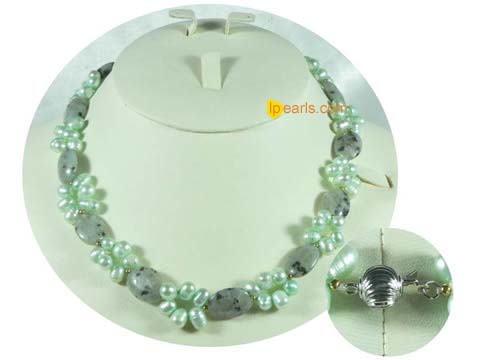 green top drilled freshwater pearls with gemstone necklace