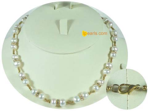 8-9mm fresh water jewelry pearl necklace with gild beads and zir