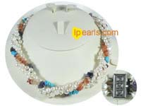 pearl necklace with multi stone beads-4 twisted strands