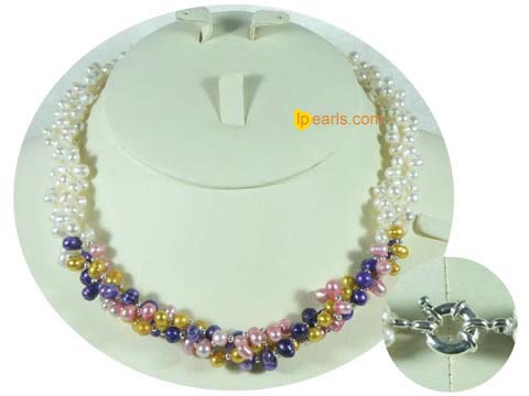 multi-color three twisted freshwater pearl strands necklace