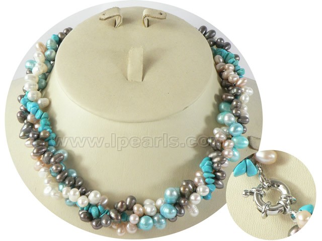 twisted freshwater pearl necklace with turquoise