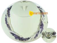 4-5mm white pearl necklace amethyat beads-3 twisted strands