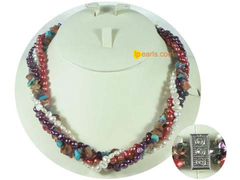 4 twisted strands pearl necklace mixing multi stones