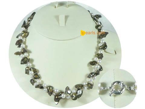 Two twisted strands champagne and white blister pearl necklace