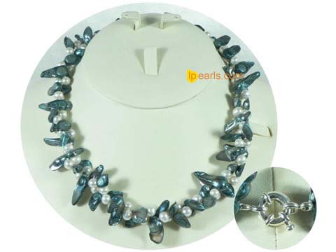 Two twisted strands dark blue and white blister pearl necklace