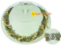 yellow pearl necklace with olivine stone and tourmaline beads