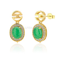 silver plated gold CZ green jade oval stud earrings for women