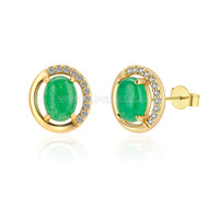 silver plated gold CZ green jade oval stud earrings for women