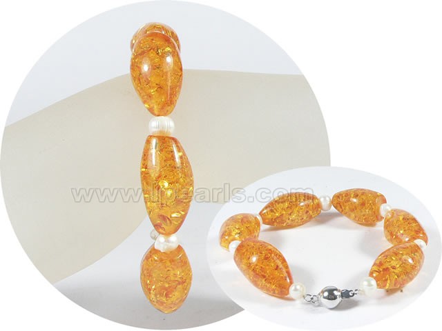 5-6mm potato pearl bracelet with 16mm amber wholesale