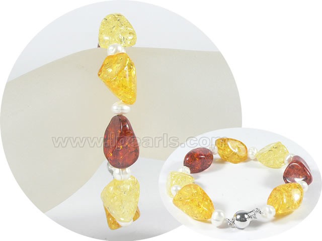 5-6mm potato pearl bracelet with 14mm amber wholesale