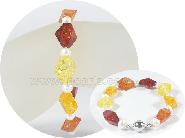 wholesale 5-6mm potato pearl bracelet with 13mm amber